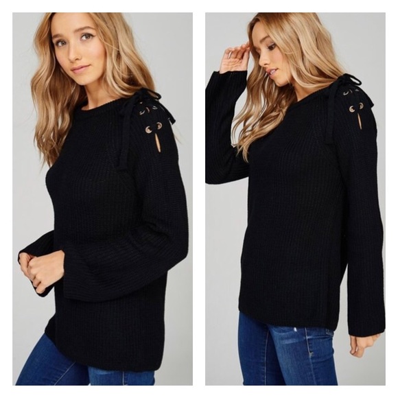 Black Cold Shoulder lace up sweater - Picture 2 of 3